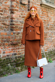 brown jacket, brown shirt, brown skirt, high heels, leather bag, leather shoes, prada, red boots, sara moschini, sunglasses, white bag, MILAN, MFW, fashion week, frenchystyle, FW, jonathan paciullo, street style, AUTUMN WINTER 2019-2020, AW 19-20, FALL WINTER 2019-2020, FW 19-20, vertical, full length