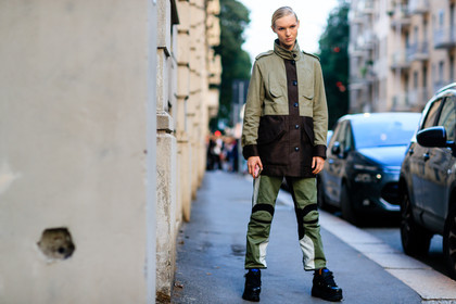 atmosphere details, black boots, fashion week, frenchystyle, full length, FW, green jacket, green pants, horizontal, jess picton warlow, jonathan paciullo, leather shoes, MFW, MILAN, model, printed pants, SPRING SUMMER 2017, SS 17, street style, trousers