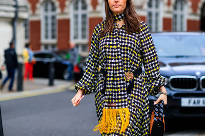 atmosphere details, checked dress, detail, fashion week, frenchystyle, FW, graphic dress, horizontal, jonathan paciullo, leather bag, LFW, LONDON, plaid, printed dress, printed scarf, SPRING SUMMER 2018, SS 18, street style