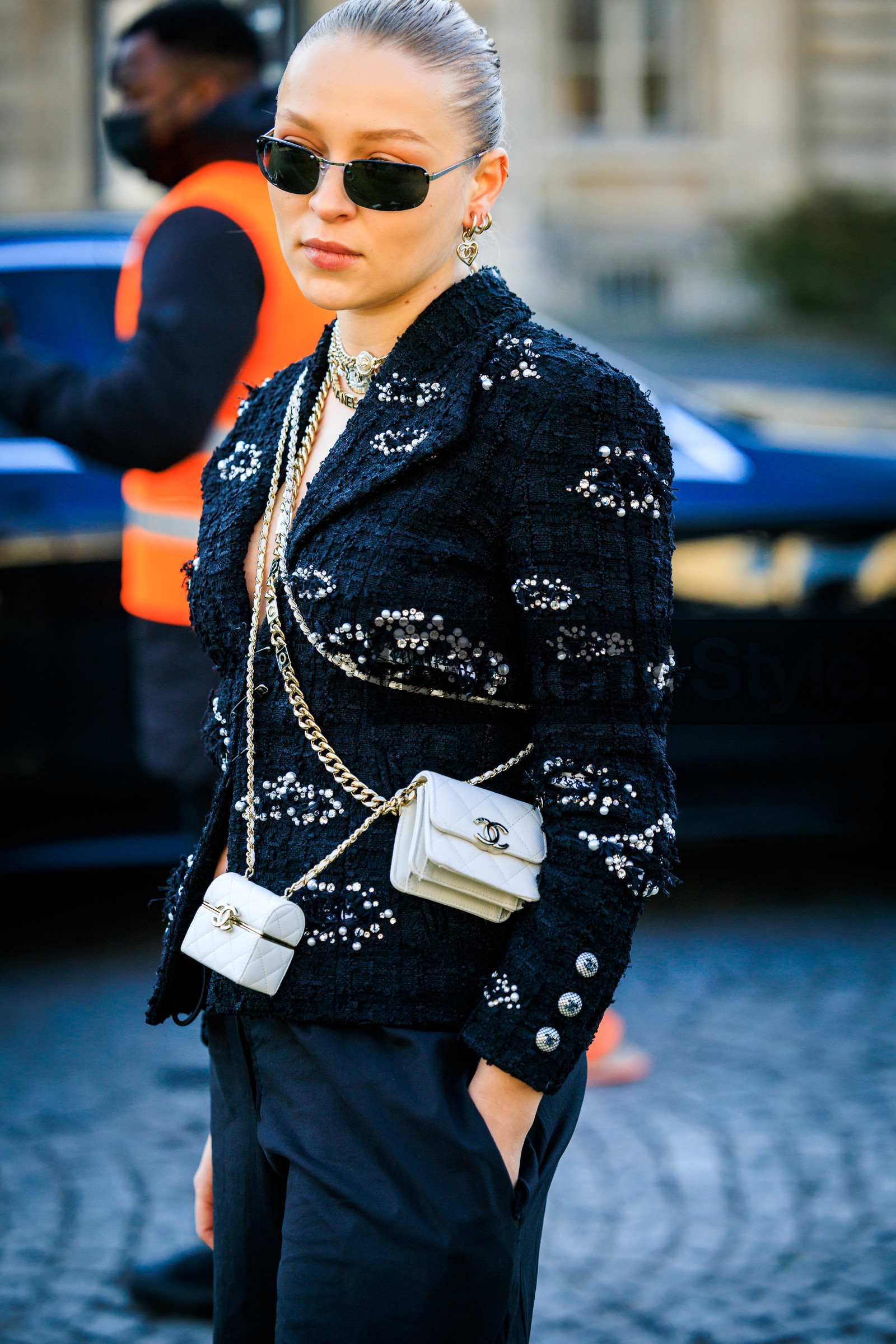 chanel blazer, tweed vest, printed vest, black sunglasses, chanel, mini handbag, chanel mini, white mini bag, multiple chokers, silver chokers, silver earrings, regina anikiy, street style, jonathan paciullo, FW, frenchystyle, fashion week, AUTUMN WINTER 2022-2023, FALL WINTER 2022_2023, FW 22-23, PFW, PARIS, vertical, detail