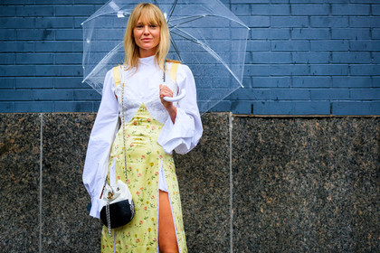 black and white bag, black bag, chanel handbag, floral, flowers, graphic skirt, jeanette madsen, leather bag, printed skirt, umbrella, white shirt, yellow dress, yellow skirt, street style, jonathan paciullo, FW, frenchystyle, fashion week, NYFW, NEW YORK, SPRING SUMMER 2019, SS 19, atmosphere details, horizontal, detail