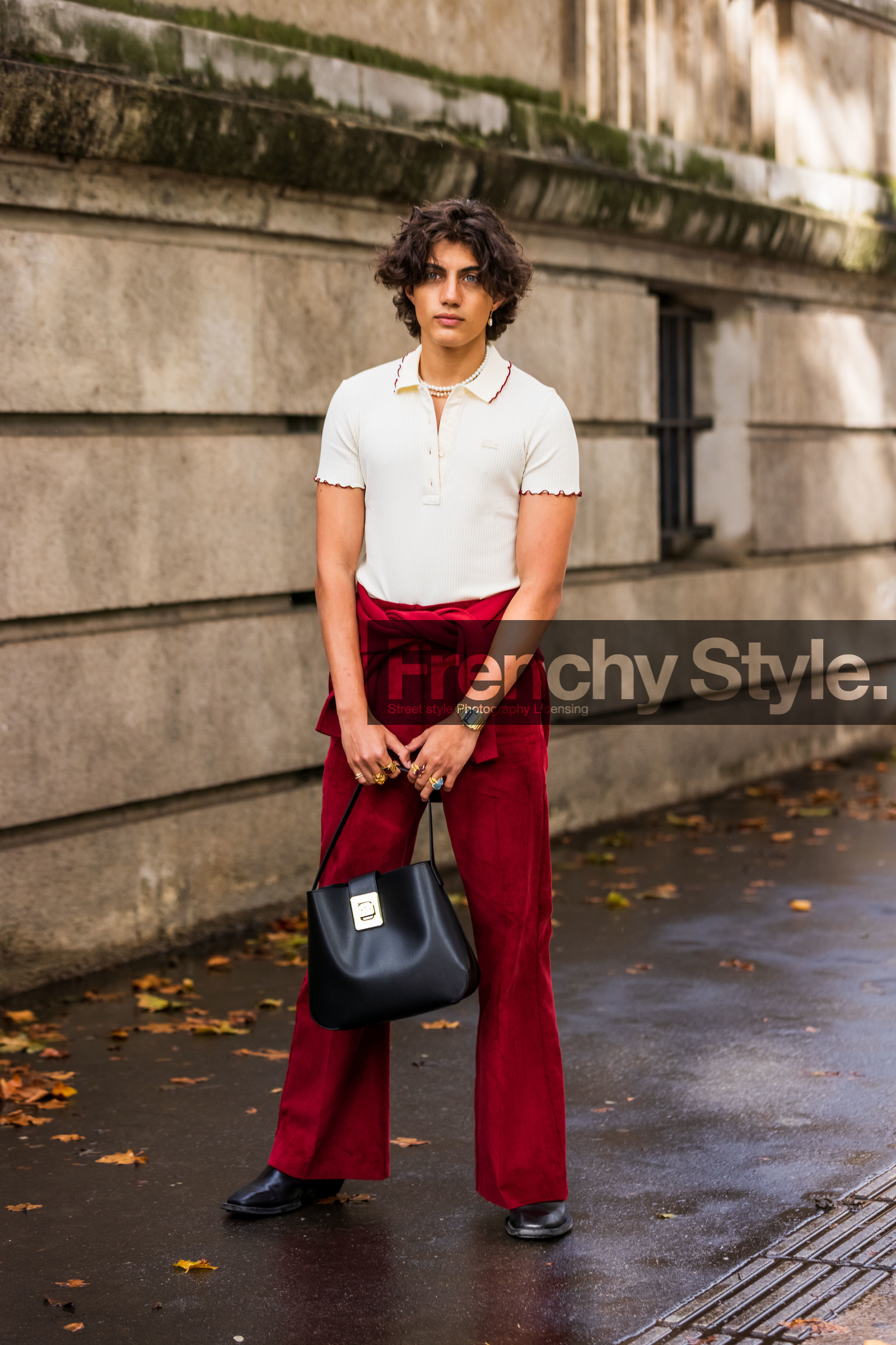 bag, black bag, flare pants, gold watch, leather bag, menswear, Nic Kaufmann, pants, pearl necklace, polo, red pants, rings, velvet pants, watch, white polo, lacoste, fashion week, frenchystyle, FW, jonathan paciullo, street style, PFW, PARIS, SPRING SUMMER 2022, SS 22, vertical, full length
