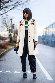 AUTUMN WINTER 2016-2017, AW 16-17, beige coat, black mules, camera, chocker, embroidered coat, fashion week, frenchystyle, full length, FW, FW 16-17, golden heel, high heels, high waist, jonathan paciullo, leather coat, leather shoes, margaret, navy pants, NEW YORK, NYFW, street style, striped pants, sunglasses, trousers, vertical, woman, zhang