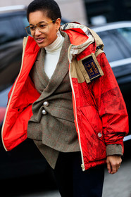 black pants, blazer, blue denim, brown jacket, checked, denim pants, earrings, graphic jacket, jeans, plaid, printed jacket, red jacket, sunglasses, tamu mcpherson, trousers, turtleneck sweater, white sweater, woolrich, MILAN, MFW, fashion week, frenchystyle, FW, jonathan paciullo, street style, AUTUMN WINTER 2019-2020, AW 19-20, FALL WINTER 2019-2020, FW 19-20, vertical, atmosphere details, detail