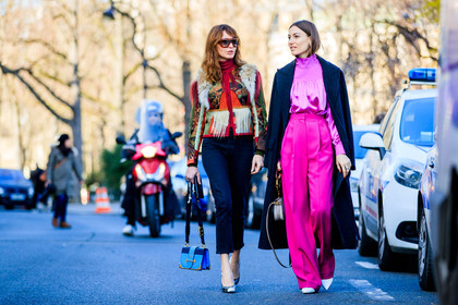 atmosphere details, AUTUMN WINTER 2017-2018, AW 17-18, black and white shoes, black coat, black denim, blue bag, chloe, denim pants, ece sukan, FALL WINTER 2017-2018, fashion week, frenchystyle, full length, FW, FW 17-18, giorgia tordini, high heels, horizontal, jeans, jonathan paciullo, leather bag, leather shoes, miu miu, natural fur, over the shoulder, PARIS, PFW, pink pants, pink shirt, prada, printed jacket, red jacket, street style, trousers, trousers: beige bag