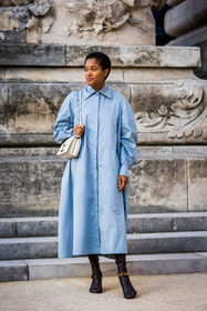 bag, black boots, blue coat, boots, coat, leather bag, leather boots, long coat, pastel, Tamu McPherson, white bag, street style, jonathan paciullo, FW, frenchystyle, fashion week, PFW, PARIS, SPRING SUMMER 2022, SS 22, vertical, full length