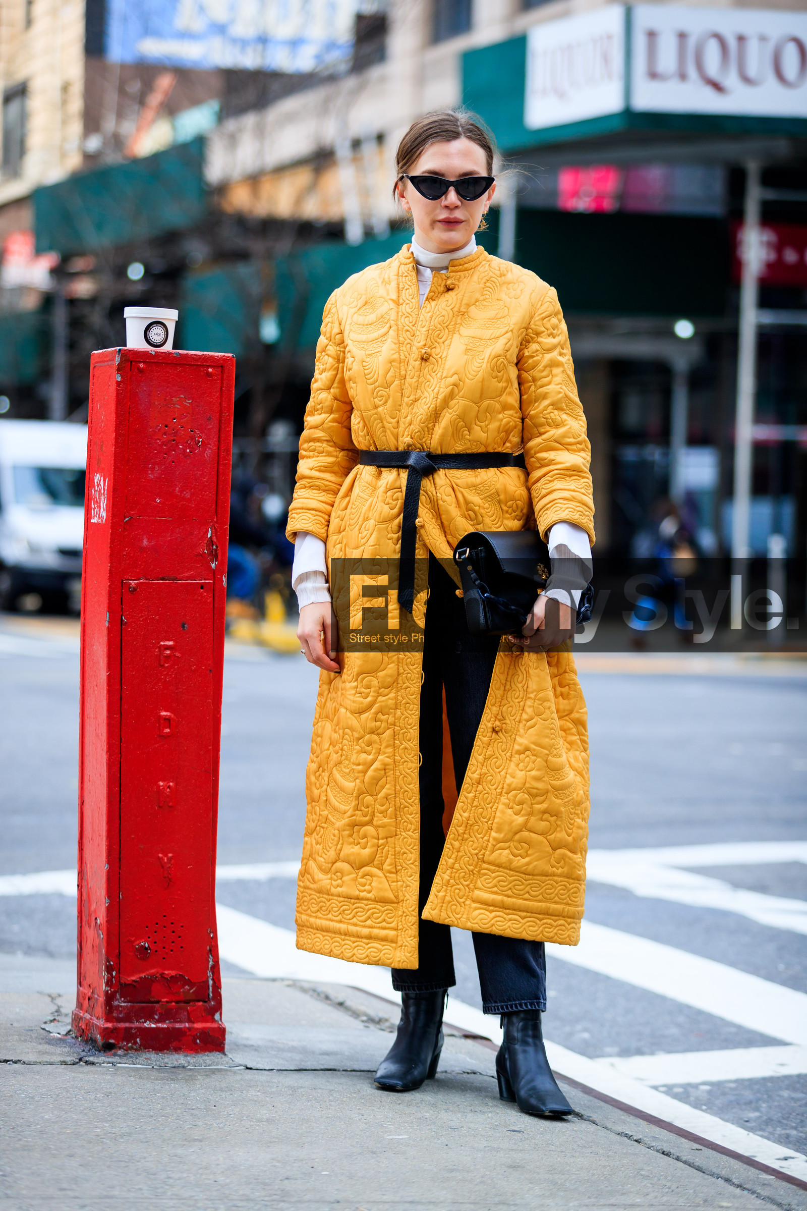 black bag, black belt, black boots, black shoes, graphic jacket, high heels, leather bag, leather shoes, orange coat, printed jacket, sunglasses, trousers, street style, jonathan paciullo, FW, frenchystyle, fashion week, NYFW, NEW YORK, AUTUMN WINTER 2018-2019, AW 18-19, FALL WINTER 2018-2019, FW 18-19, vertical, full length