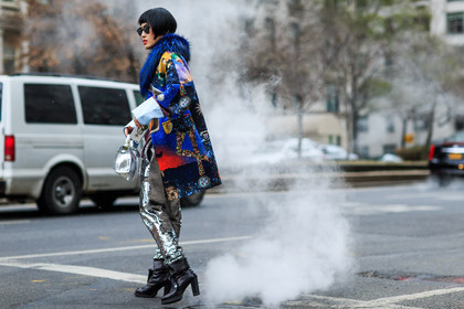 atmosphere details, AUTUMN WINTER 2016-2017, AW 16-17, black boots, blue coat, blue fur, embroidered bag, embroidered coat, fashion week, frenchystyle, full length, fun bag, fur collar, FW, FW 16-17, glitter, high heels, horizontal, jonathan paciullo, leather bag, leather boots, metallic bag, multicolor, multicolor bag, NEW YORK, NYFW, printed coat, sequined pants, silver bag, silver pants, street style, woman
