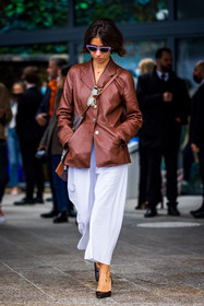 black pumps, brown jacket, flare pants, jacket, leather jacket, Natasha Goldenberg, pants, pumps, purple sunglasses, sunglasses, pumps, fashion week, frenchystyle, FW, jonathan paciullo, street style, PFW, PARIS, SPRING SUMMER 2022, SS 22, vertical, full length
