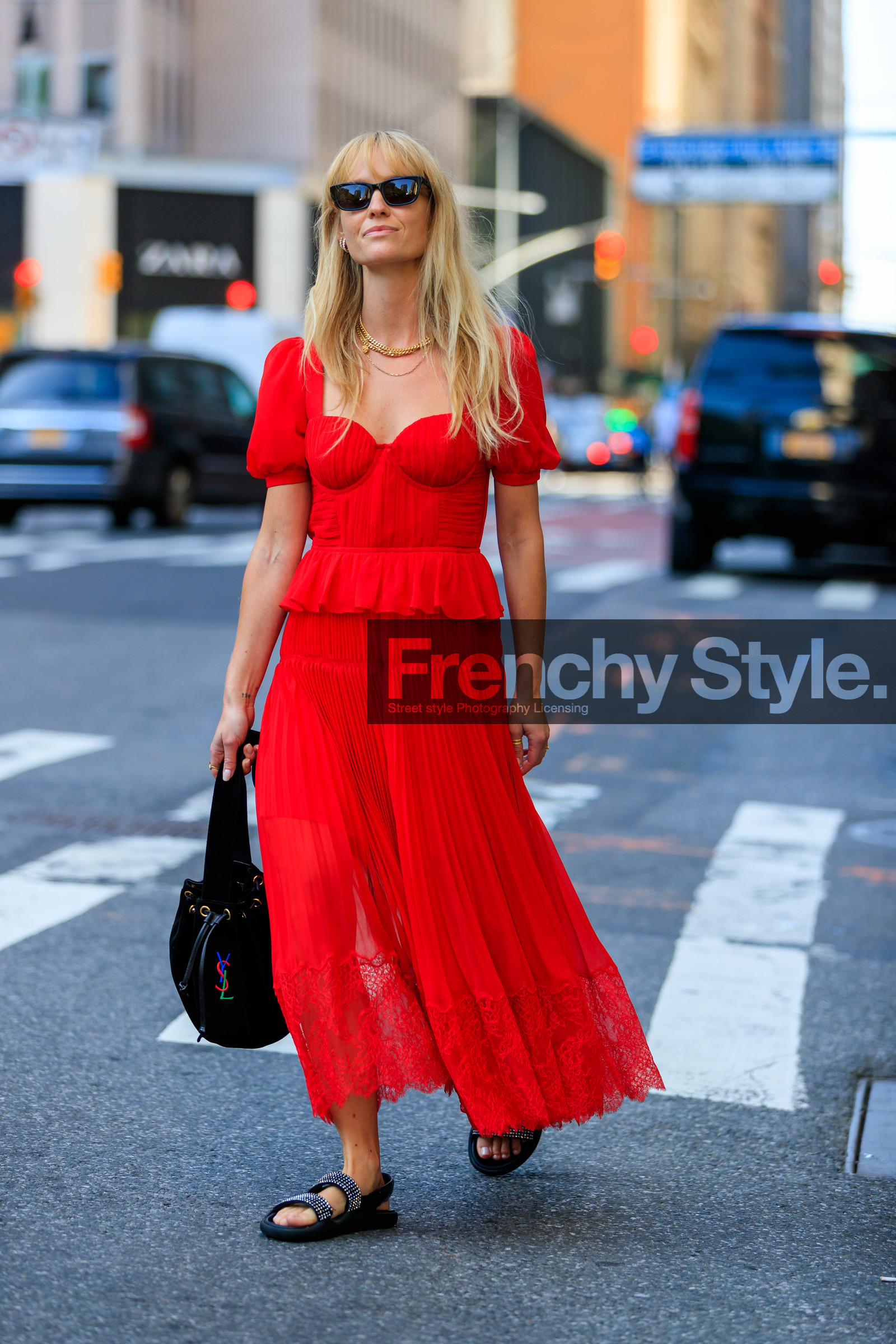 black bag, black sandals, black shoes, jeanette madsen, leather bag, leather shoes, necklace, pleated dress, red dress, saint laurent paris, shiny shoes, sunglasses, fashion week, frenchystyle, FW, jonathan paciullo, street style, NEW YORK, NYFW, SPRING SUMMER 2020, SS 20, vertical, full length