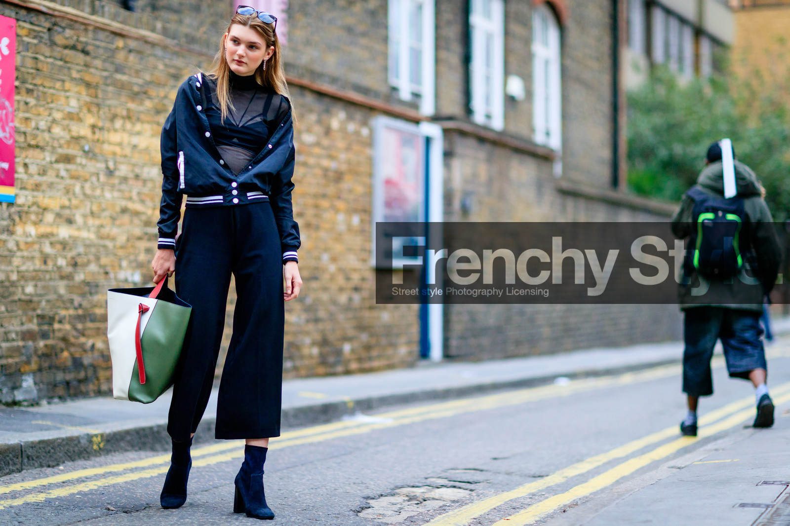 atmosphere details, black boots, black bra, black jacket, black pants, black top, bomber jacket, fashion week, frenchystyle, full length, FW, graphic bag, green bag, high heels, horizontal, jonathan paciullo, leather bag, leather shoes, LFW, LONDON, model, nana abramova, see through, SPRING SUMMER 2017, SS 17, street style, suede shoes, trousers, white bag, wide pants, woman