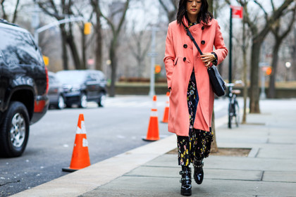 atmosphere details, AUTUMN WINTER 2016-2017, AW 16-17, black boots, detail, fashion week, floral, flower, frenchystyle, FW, FW 16-17, horizontal, jonathan paciullo, leather boots, NEW YORK, NYFW, pink coat, printed pants, street style, trousers, varnished leather shoes, woman