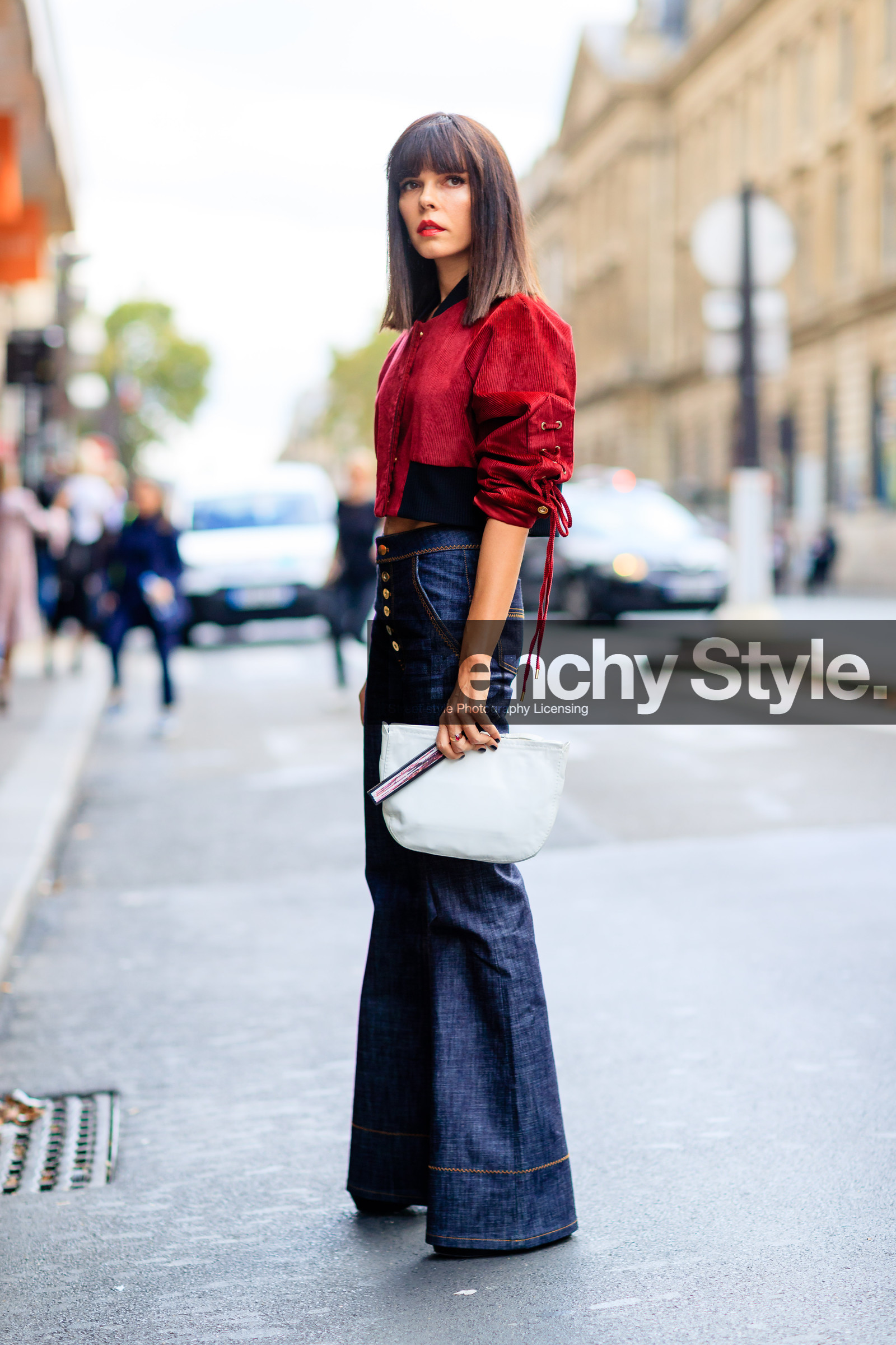 blue denim, denim pants, Evangelie Smyrniotaki, fashion week, flare jean, frenchystyle, full length, FW, high waist, jeans, jonathan paciullo, leather bag, PARIS, PFW, red jacket, SPRING SUMMER 2017, SS 17, street style, trousers, vertical, white bag