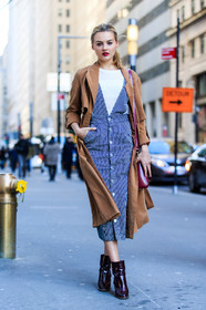 AUTUMN WINTER 2016-2017, AW 16-17, blue, blue denim, bordeaux, brown, brown coat, camel, camel coat, denim dress, denim overall, fashion week, frenchystyle, full length, FW, FW 16-17, jonathan paciullo, leather bag, leather boots, NEW YORK, NYFW, red bag, red boots, street style, striped dress, striped overall, trench coat, vertical, white sweater, woman