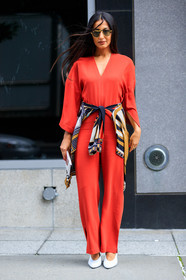 fashion week, frenchystyle, full length, FW, high heels, jonathan paciullo, leather shoes, multicolor shirt, nausheen shah, NEW YORK, NYFW, printed shirt, red jumpsuit, SPRING SUMMER 2018, SS 18, street style, sunglasses, tied up shirt, trousers, vertical, white shoes
