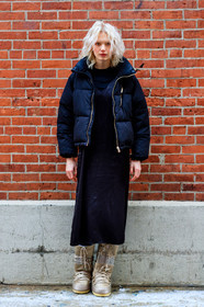 AUTUMN WINTER 2017-2018, AW 17-18, black dress, black jacket, down jacket, FALL WINTER 2017-2018, fashion week, frenchystyle, full length, FW, FW 17-18, jonathan paciullo, model, moonboots, NEW YORK, NYFW, street style, vertical