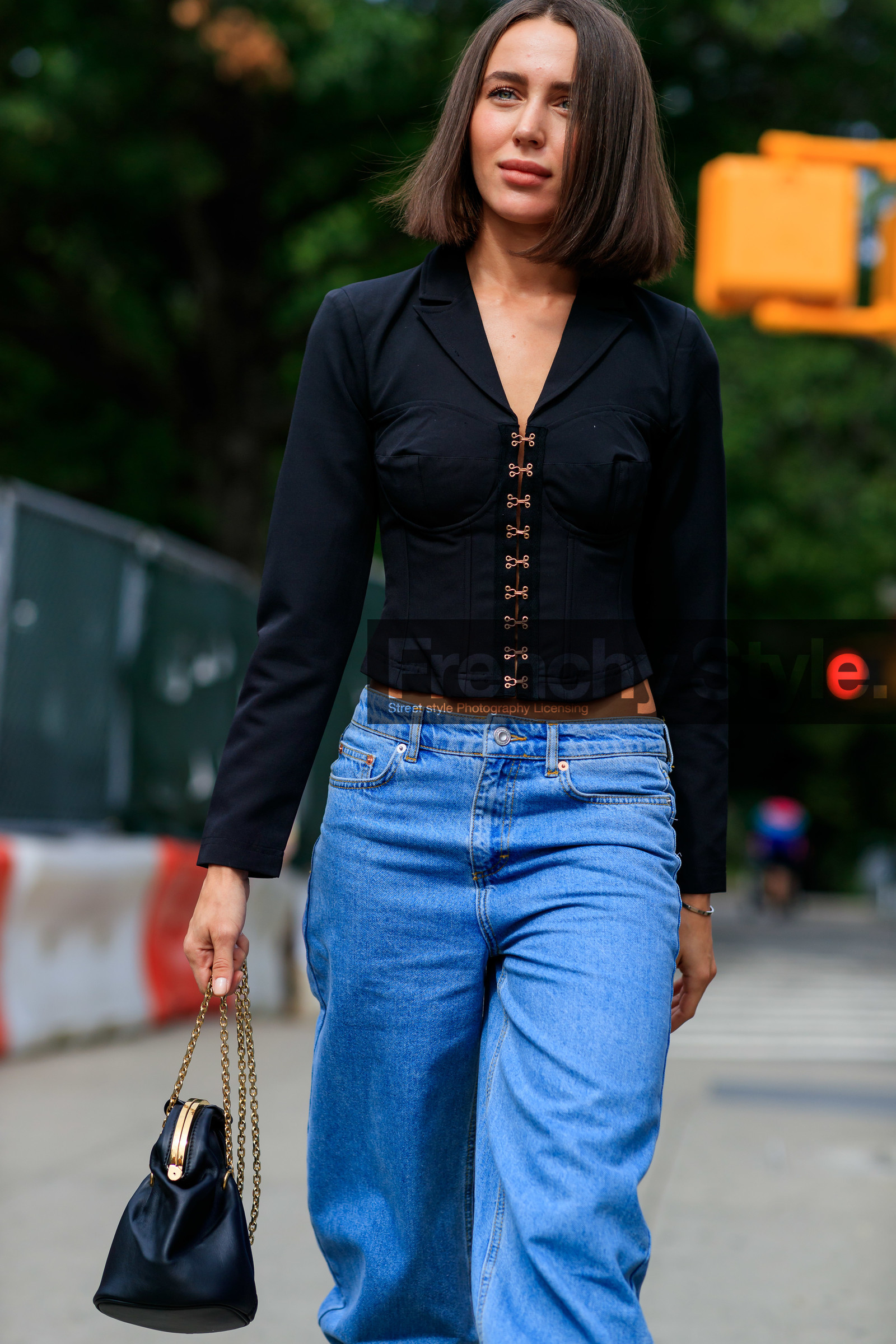 black bag, black jacket, blue denim, denim pants, jeans, leather bag, mary leest, trousers, street style, jonathan paciullo, FW, frenchystyle, fashion week, NEW YORK, NYFW, SPRING SUMMER 2020, SS 20, vertical, detail, atmosphere details