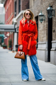 AUTUMN WINTER 2016-2017, AW 16-17, blue denim, brown bag, converse, denim pants, fashion week, frenchystyle, full length, fur coat, FW, FW 16-17, jeans, jonathan paciullo, leather bag, NEW YORK, NYFW, red coat, red fur, street style, sunglasses, trousers, vertical, woman