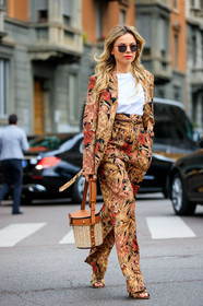 beige jacket, beige pants, beige suit, blazer, camel bag, floral, graphic jacket, graphic pants, graphic suit, leather bag, printed jacket, printed pants, printed suit, salvatore ferragamo, straw bag, sunglasses, trousers, white t shirt, MILAN, MFW, fashion week, frenchystyle, FW, jonathan paciullo, street style, AUTUMN WINTER 2019-2020, AW 19-20, FALL WINTER 2019-2020, FW 19-20, vertical, full length