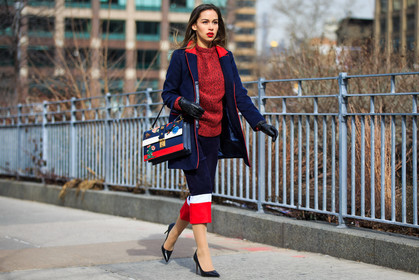 atmosphere details, AUTUMN WINTER 2016-2017, AW 16-17, black gloves, black heels, blue, blue bag, blue jacket, blue pants, fashion week, floral, flower, frenchystyle, full length, FW, FW 16-17, gucci, high heels, horizontal, jonathan paciullo, leather bag, leather gloves, leather shoes, navy, navy jacket, NEW YORK, NYFW, printed bag, red, red lips, red sweater, street style, striped pants, stripes, white, woman