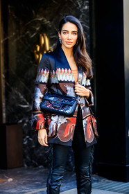 animal print, black pants, blazer, earrings, fendi, fringes, graphic bag, graphic jacket, jessica kahawaty, leather bag, leather pants, monogram, multicolor jacket, printed bag, printed jacket, transparent bag, trousers, MILAN, MFW, fashion week, frenchystyle, FW, jonathan paciullo, street style, AUTUMN WINTER 2019-2020, AW 19-20, FALL WINTER 2019-2020, FW 19-20, vertical, atmosphere details, detail