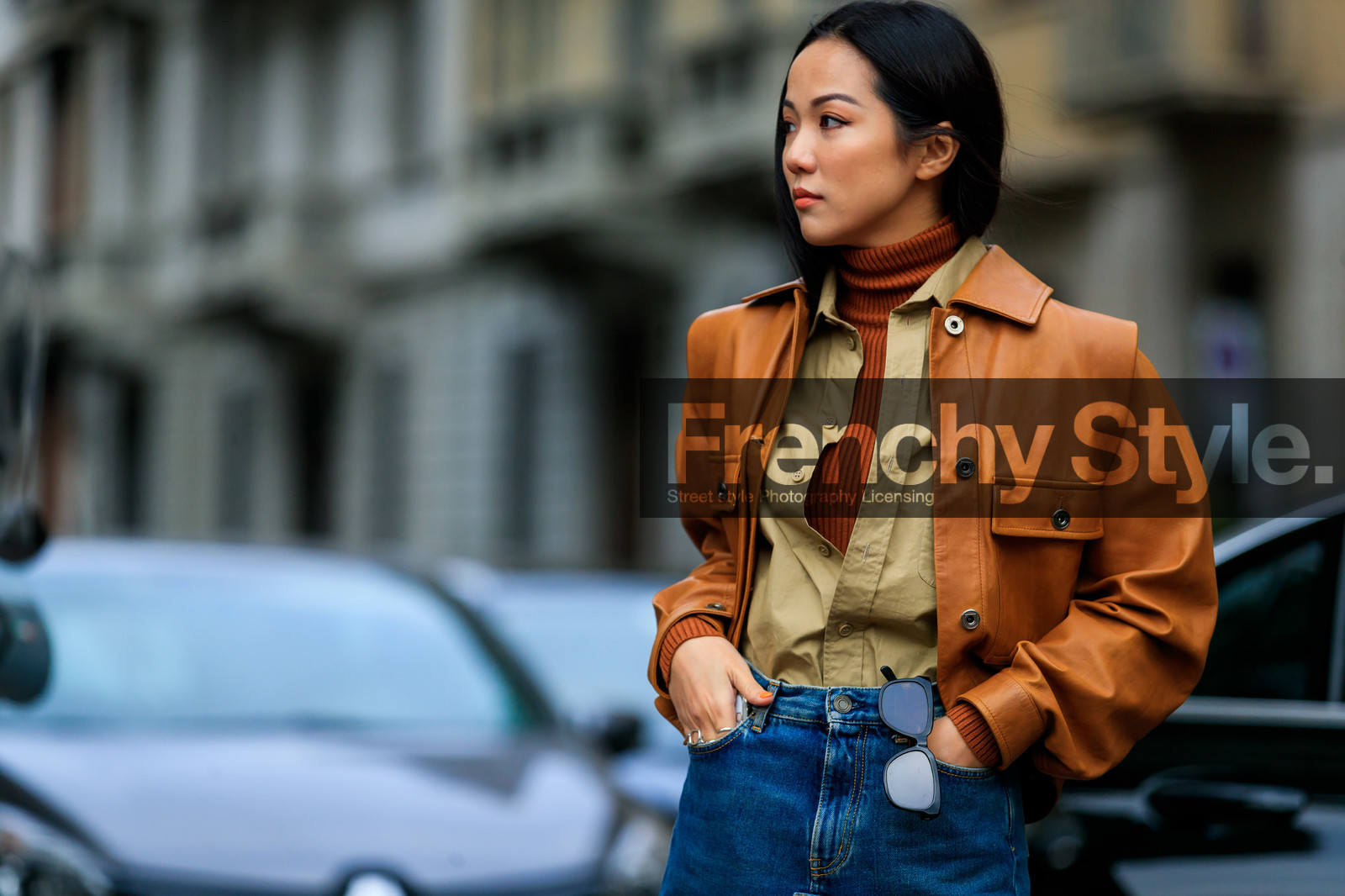 beige shirt, blue denim, brown sweater, camel jacket, denim skirt, graphic skirt, leather jacket, printed skirt, yoyo cao, MILAN, MFW, fashion week, frenchystyle, FW, jonathan paciullo, street style, AUTUMN WINTER 2019-2020, AW 19-20, FALL WINTER 2019-2020, FW 19-20, atmosphere details, detail, horizontal