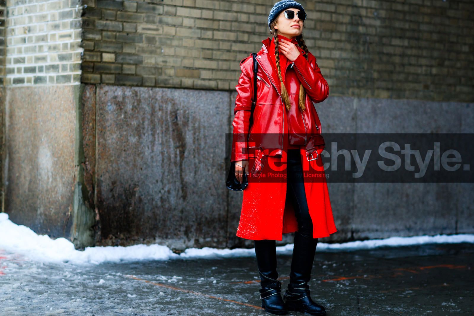 atmosphere details, AUTUMN WINTER 2017-2018, AW 17-18, black boots, braids, FALL WINTER 2017-2018, fashion week, frenchystyle, full length, FW, FW 17-18, grey beanie, horizontal, jonathan paciullo, leather boots, leather jacket, NEW YORK, NYFW, red jacket, red sweater, street style, sunglasses, trousers