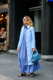 tiany kiriloff, blue total look, blue dress, light blue coat, prada sandals, black leather sandals, buckle sandals, golden buckle shoes, multi straps sandals, flat sandals, blue sunglasses, leather coat, long coat, long dress, high collar dress, ruffle dress, floral printed dress, blue leather bag, fashion week, frenchystyle, FW, jonathan paciullo, street style, MFW, MILAN, SPRING SUMMER 2020, SS 20