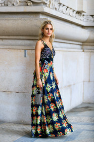 black dress, caro daur, floral, flowers, graphic dress, leather bag, metallic bag, necklace, paco rabanne, printed dress, shiny bag, silver bag, PARIS, PFW, street style, jonathan paciullo, FW, frenchystyle, fashion week, AUTUMN WINTER 2019-2020, AW 19-20, FALL WINTER 2019-2020, FW 19-20, vertical, full length