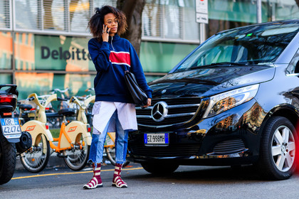 atmosphere details, AUTUMN WINTER 2017-2018, AW 17-18, black bag, blue denim, blue sweater, denim pants, FALL WINTER 2017-2018, fashion week, fendi, frenchystyle, full length, FW, FW 17-18, geometric, graphic jacket, graphic shoes, graphic sweater, horizontal, jan-michael quammie, jeans, jonathan paciullo, leather shoes, MFW, MILAN, printed jacket, printed shoes, printed sweater, red boots, street style, stripes, trousers