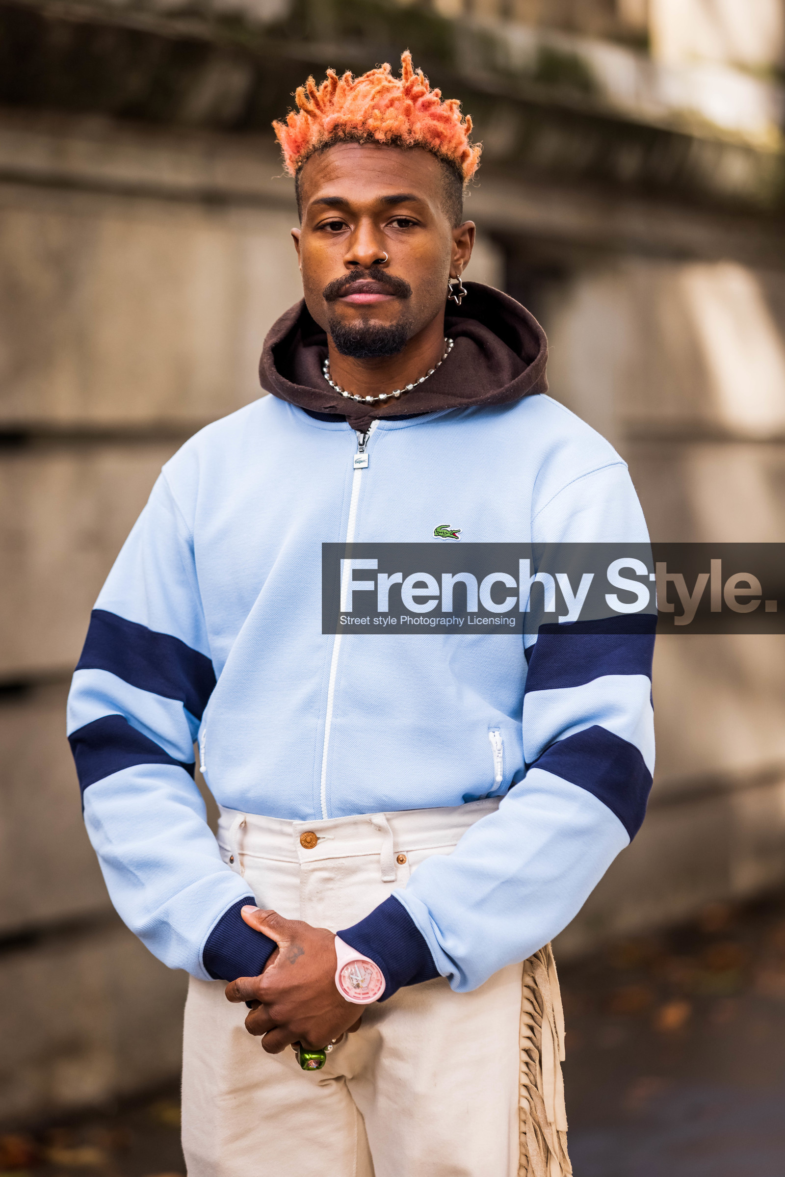 beige pants, blue hoddie, hairstyle, hoddie, menswear, orange hair, pants, pastel, stripes, watch, zipped hoddie, lacoste, fashion week, frenchystyle, FW, jonathan paciullo, street style, PFW, PARIS, SPRING SUMMER 2022, SS 22, vertical, atmosphere details