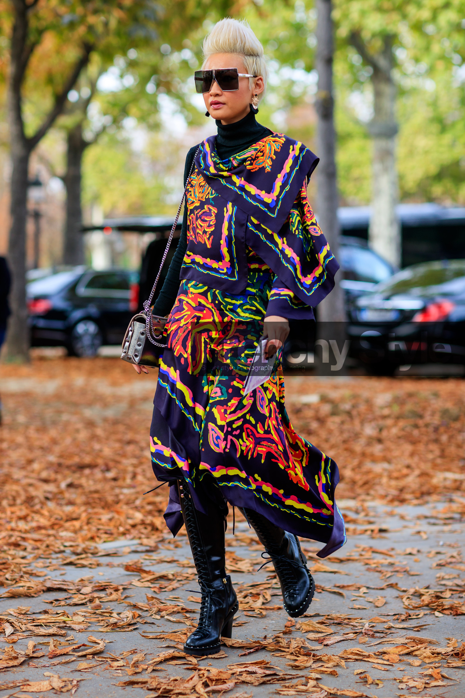 black shoes, black turtleneck, earrings, fashion week, frenchystyle, full length, fun sunglasses, FW, graphic bag, graphic dress, graphic shirt, graphic skirt, high boots, high heels, jonathan paciullo, leather bag, leather shoes, multicolor dress, PARIS, PFW, printed bag, printed dress, printed shirt, printed skirt, silver bag, SPRING SUMMER 2018, SS 18, street style, studs, sunglasses, vertical, esther quek