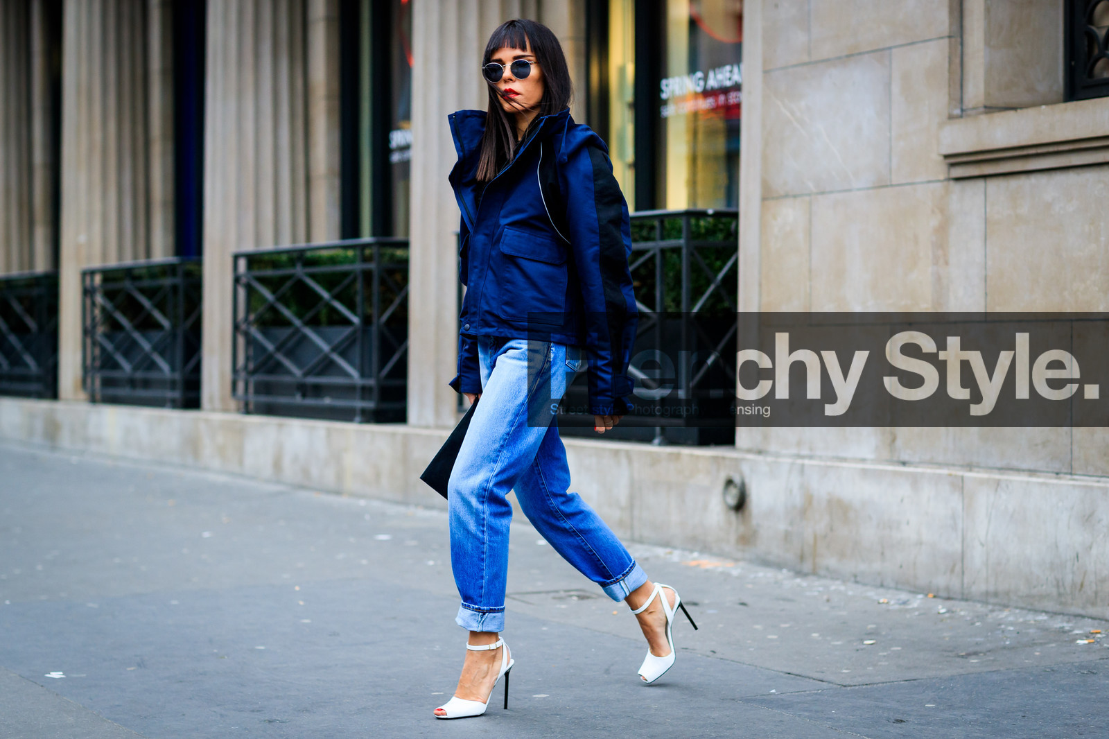 blue denim, blue jacket, denim pants, high heels, jeans, leather shoes, sunglasses, trousers, white shoes, fashion week, frenchystyle, FW, jonathan paciullo, street style, PFW, PARIS, SPRING SUMMER 2017, SS 17, HAUTE COUTURE, atmosphere details, full length, horizontal, evangelie smyrniotaki