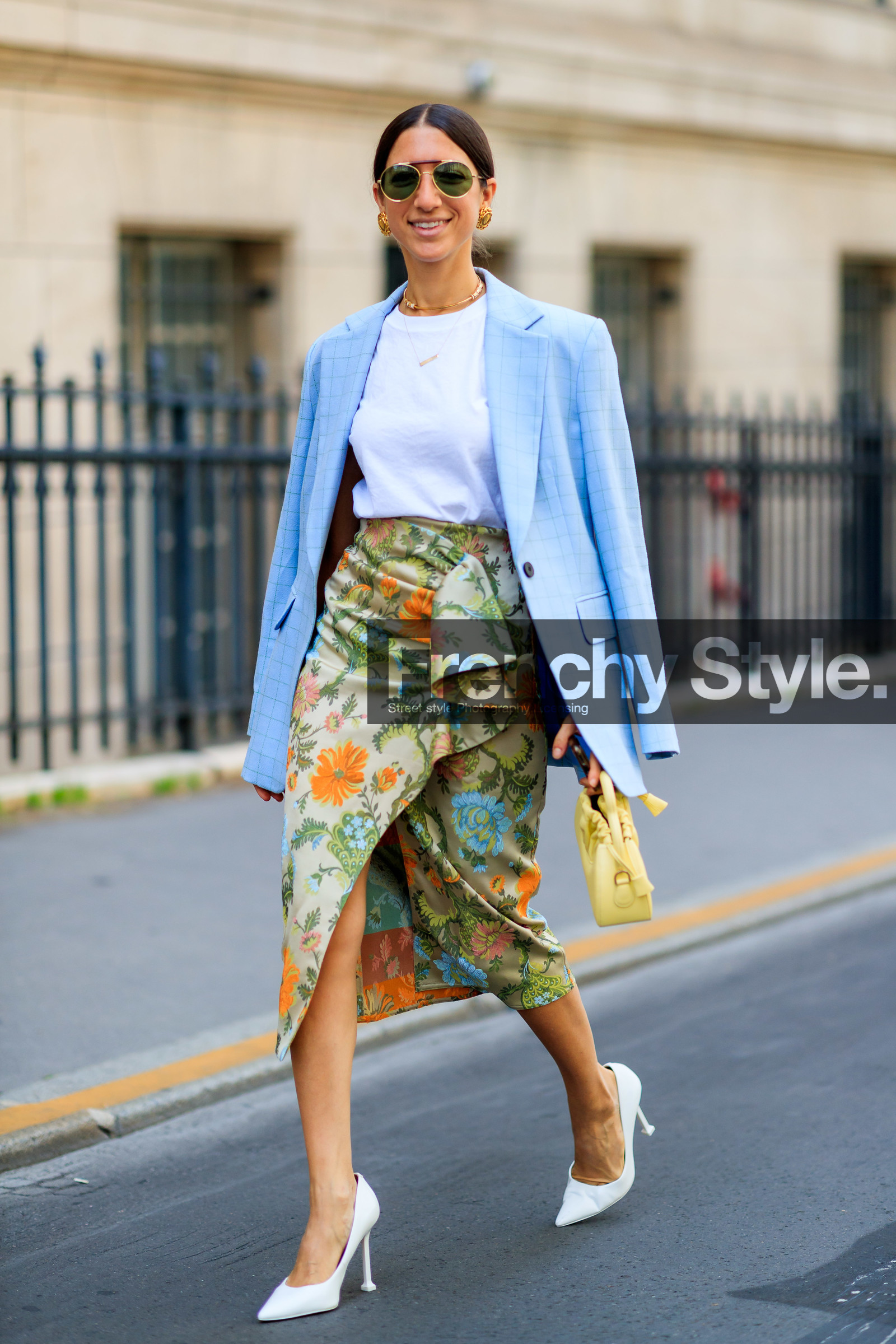 light blue jacket, blue jacket, striped jacket, checked jacket, white t-shirt, wrap skirt, floral printed skirt, ruffle skirt, mid long skirt, yellow leather bag, light yellow leather bag, hand bag, aviator sunglasses, golden frame sunglasses, golden earrings, golden necklace, diamond necklace, white leather pumps, sharp end shoes, fashion week, frenchystyle, FW, jonathan paciullo, street style, PFW, PARIS, AUTUMN WINTER 2021-2022, FALL WINTER 2021-2022, FW 21-22, vertical, full length