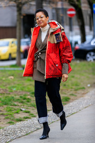black pants, black shoes, blazer, blue denim, brown jacket, checked, céline, denim pants, earrings, graphic jacket, high heels, jeans, leather shoes, plaid, printed jacket, red jacket, sunglasses, tamu mcpherson, trousers, turtleneck sweater, white sweater, woolrich, MILAN, MFW, fashion week, frenchystyle, FW, jonathan paciullo, street style, AUTUMN WINTER 2019-2020, AW 19-20, FALL WINTER 2019-2020, FW 19-20, vertical, full length