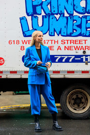 leonie hanne, blue jacket, blue pants, blue suits, blue leather bag, loewe bag, mini bag, hand bag, blue eyeshadows, black leather boots, flat boots, fashion week, frenchystyle, FW, jonathan paciullo, street style, NYFW, NEW YORK, AUTUMN WINTER 2020-2021, FALL WINTER 2020-2021, FW 20-21, vertical, full length