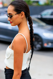 black pants, braids, orseund iris, sunglasses, trousers, white top, model, fashion week, frenchystyle, FW, jonathan paciullo, street style, NYFW, NEW YORK, SPRING SUMMER 2019, SS 19, vertical, detail, atmosphere details