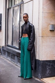 black coat, black crop top, coat, crop top, flare pants, fluid pants, gold necklace, green pants, key necklace, leather coat, necklace, pants, fashion week, frenchystyle, FW, jonathan paciullo, street style, PFW, PARIS, SPRING SUMMER 2022, SS 22, vertical, full length