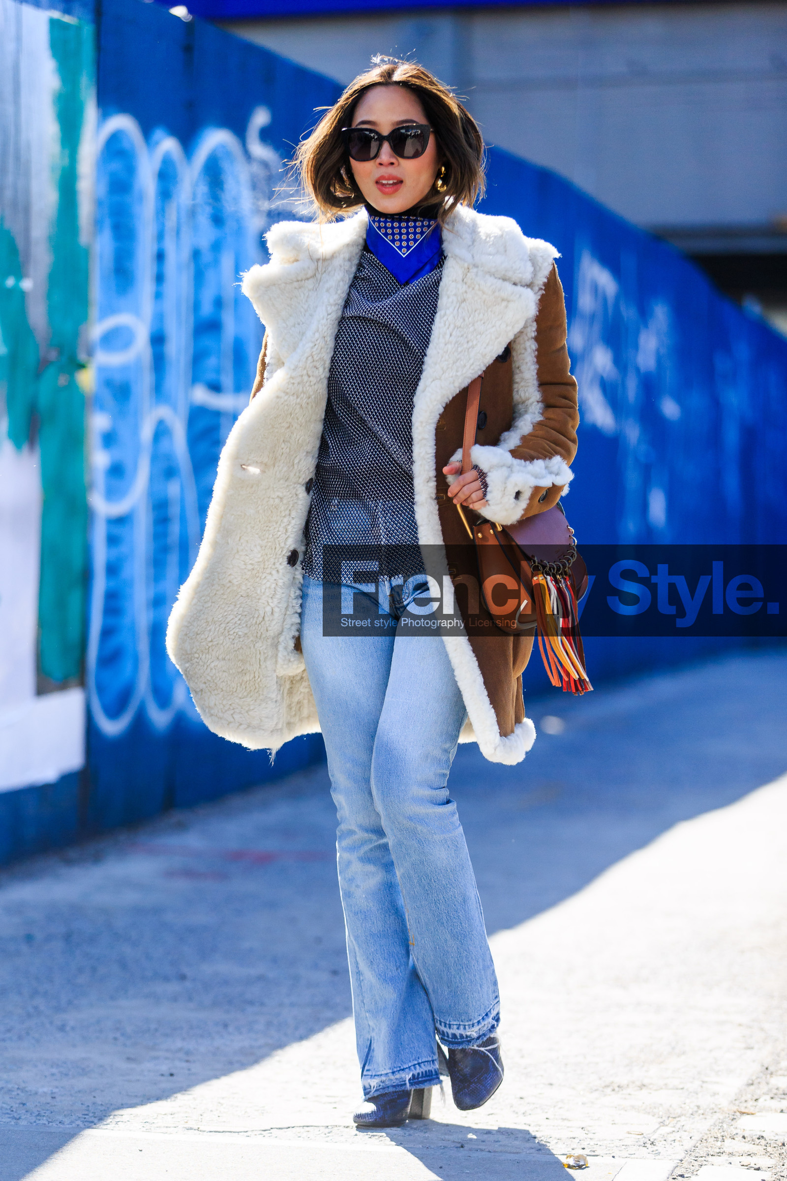aimee song, AUTUMN WINTER 2016-2017, AW 16-17, blue denim, blue scarf, brown bag, brown jacket, camel bag, camel jacket, chloe, denim pants, fashion week, frenchystyle, fringes, full length, fur collar, FW, FW 16-17, jeans, jonathan paciullo, leather bag, leather jacket, NEW YORK, NYFW, pompons, shearling, sheep fur, street style, suede jacket, sunglasses, trousers, vertical, white fur, woman