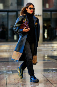 jen wonders, red lipstick, black sunglasses, black blouse, black leather coat, black jeans, black leather boots, pleated blouse, high collar blouse, pearl embroidered coat, strassed coat, metalic coat, golden coat, cross embroidered coat, burgundy leather clutch, doc marteens shoes, flat boots, laced boots, fashion week, frenchystyle, FW, jonathan paciullo, street style, PFW, PARIS, vertical, full length