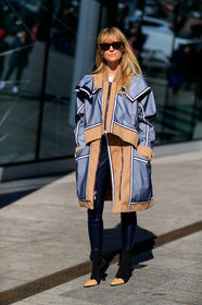 black leggings, black shoes, céline, graphic jacket, grey coat, high heels, jeanette madsen, leather shoes, printed jacket, sunglasses, trousers, MILAN, MFW, fashion week, frenchystyle, FW, jonathan paciullo, street style, AUTUMN WINTER 2019-2020, AW 19-20, FALL WINTER 2019-2020, FW 19-20, vertical, full length
