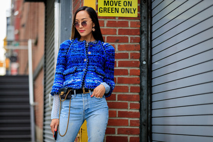 black bag, blue denim, blue jacket, denim pants, earrings, fanny pack, jeans, leather bag, mini bag, sunglasses, trousers, tweed jacket, street style, jonathan paciullo, FW, frenchystyle, fashion week, NYFW, NEW YORK, AUTUMN WINTER 2018-2019, AW 18-19, FALL WINTER 2018-2019, FW 18-19, atmosphere details, horizontal, detail, Chriselle Lim