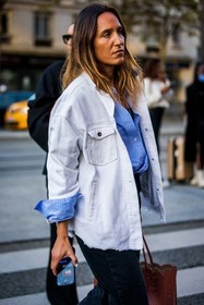 black denim, blue shirt, corduroy jacket, jacket, shirt, striped shirt, stripes, white jacket, street style, jonathan paciullo, FW, frenchystyle, fashion week, PFW, PARIS, SPRING SUMMER 2022, SS 22, vertical, atmosphere details