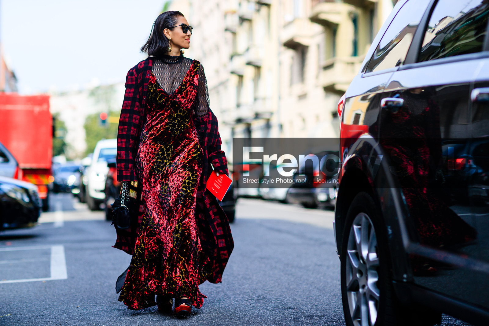 atmosphere details, black bag, black top, check shirt, fashion week, frenchystyle, full length, FW, horizontal, jonathan paciullo, lace, leather bag, liz yu, MFW, MILAN, plaid, printed dress, red dress, red shirt, see through, SPRING SUMMER 2017, SS 17, street style, sunglasses, velvet