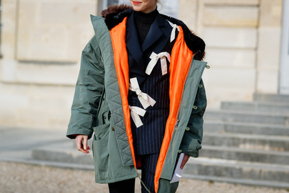 bow, brown fur, graphic suit, green coat, hood, navy jacket, navy pants, navy suit, parka, printed jacket, printed pants, printed suit, red lips, striped jacket, striped pants, striped suit, trousers, fashion week, frenchystyle, FW, jonathan paciullo, street style, PFW, PARIS, SPRING SUMMER 2017, SS 17, HAUTE COUTURE, atmosphere details, detail, horizontal, olga karput