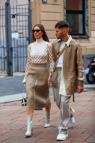 alice & j.s, alice barbier, JS roques, beige total look, beige jacket, beige pants, beige skirt, white top, white leather boots, polish boots, high heels boots, low boots, long sleeves top, openwork top, openwork skirt, mid long skirt, high collar top, fendi bag, monogrammed bag, white leather bag, brown leather bag, futurist shape sunglasses, scale sunglasses, mix and match look, fendi boots, fendi shirt, fendi skirt, fendi top, fendi look, fashion week, frenchystyle, FW, jonathan paciullo, street style, MFW, MILAN, SPRING SUMMER 2020, SS 20