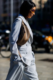 beige bag, blazer, doina ciobanu, fanny pack, grey jacket, grey pants, grey suit, leather bag, sunglasses, trousers, MILAN, MFW, fashion week, frenchystyle, FW, jonathan paciullo, street style, AUTUMN WINTER 2019-2020, AW 19-20, FALL WINTER 2019-2020, FW 19-20, vertical, atmosphere details, detail