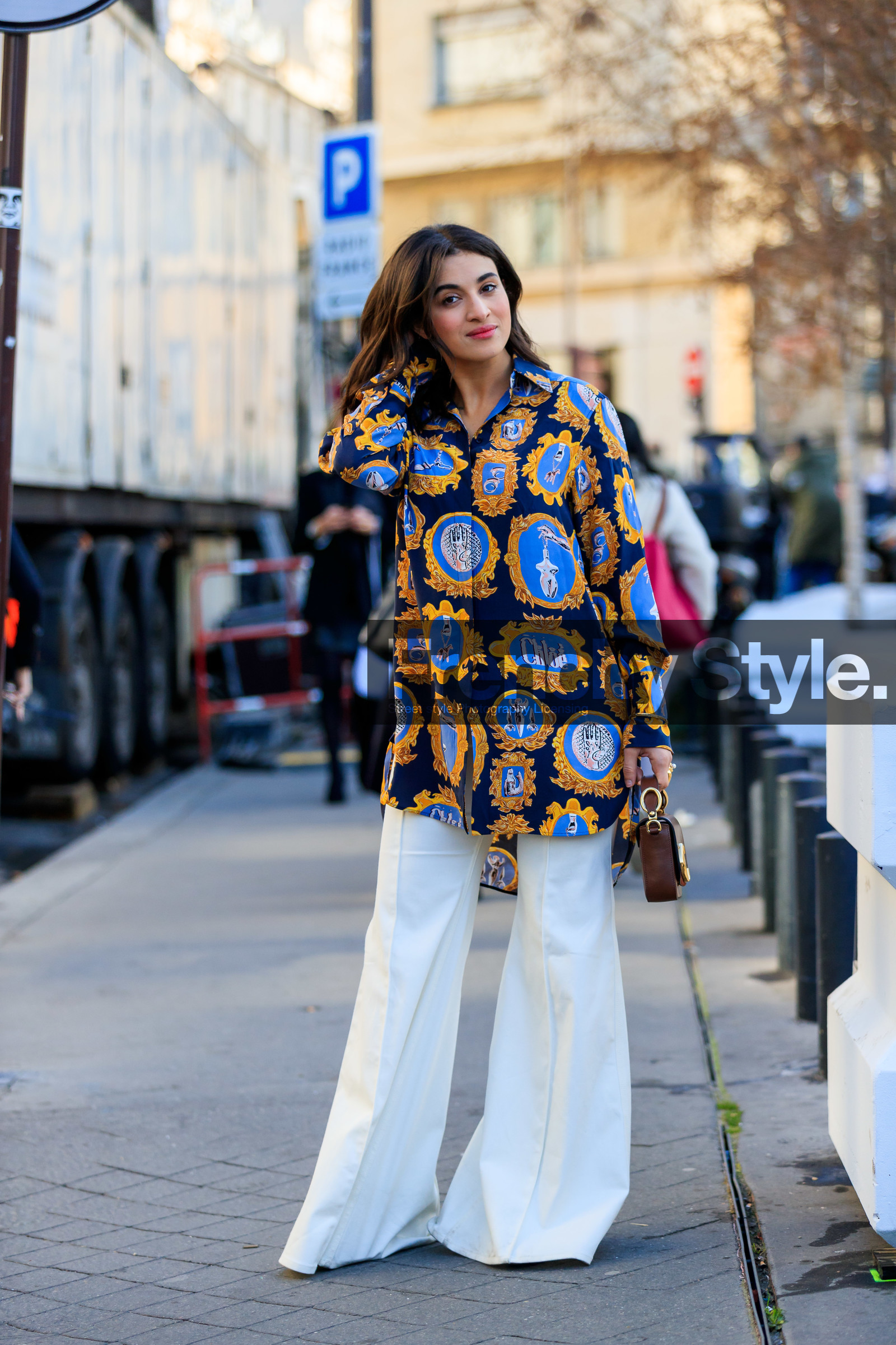 blue shirt, brown bag, camélia jordana, chloé, leather bag, printed shirt, trousers, white pants, PARIS, PFW, street style, jonathan paciullo, FW, frenchystyle, fashion week, AUTUMN WINTER 2019-2020, AW 19-20, FALL WINTER 2019-2020, FW 19-20, vertical, full length