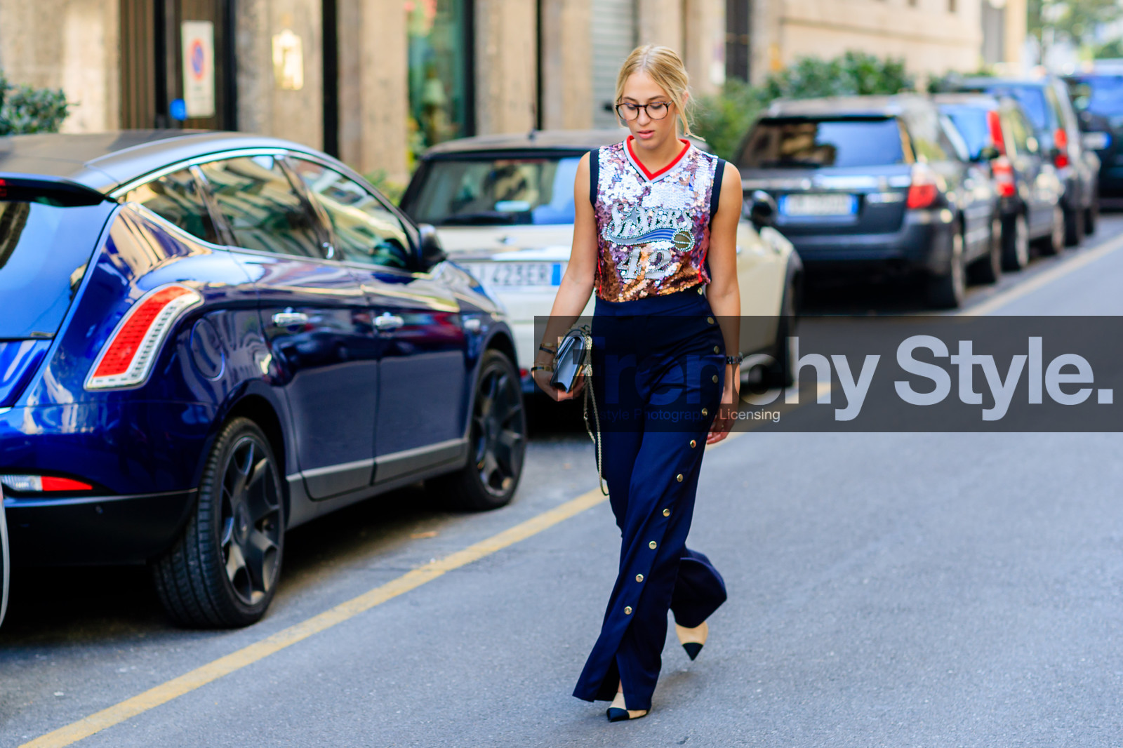 atmosphere details, basketball jersey, chanel, embroidered top, fashion week, frenchystyle, full length, FW, glitter, horizontal, jonathan paciullo, leather bag, leather shoes, MFW, MILAN, navy pants, sequined, sequined top, shiny, silver top, SPRING SUMMER 2017, SS 17, street style, sunglasses, trousers