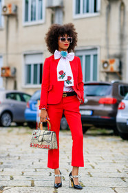 animal print, black and white shoes, black belt, black shoes, blazer, bow, bow collar, bow tie, curly hair, fashion week, floral, flower, frenchystyle, full length, FW, graphic bag, gucci, high heels, jonathan paciullo, leather bag, leather belt, leather shoes, message, MFW, MILAN, pink, printed bag, red, red jacket, red pants, red suit, snake print, SPRING SUMMER 2017, SS 17, street style, sunglasses, trousers, turquoise, vertical
